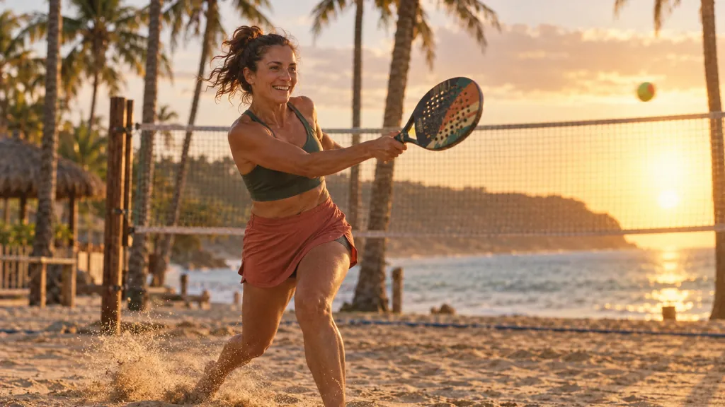 Mulher joga beach tennis na areia ao pôr do sol, com coqueiros e o mar ao fundo