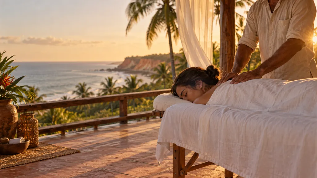 Varanda de pousada ao pôr do sol, com terapeuta e cliente durante uma massagem