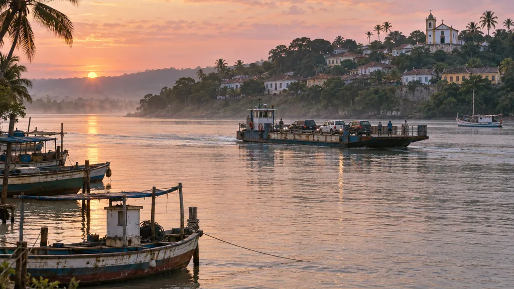 Balsa atravessando um rio largo na luz do amanhecer