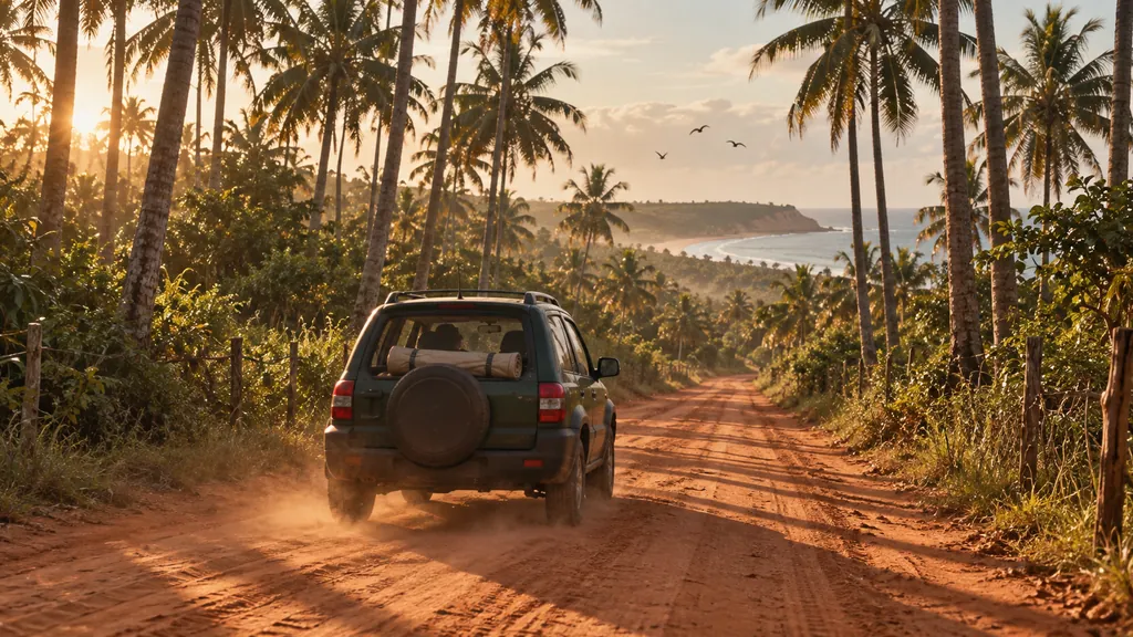 Carro com uma maca dobrável no banco de trás segue por estrada de terra entre coqueiros, ao amanhecer