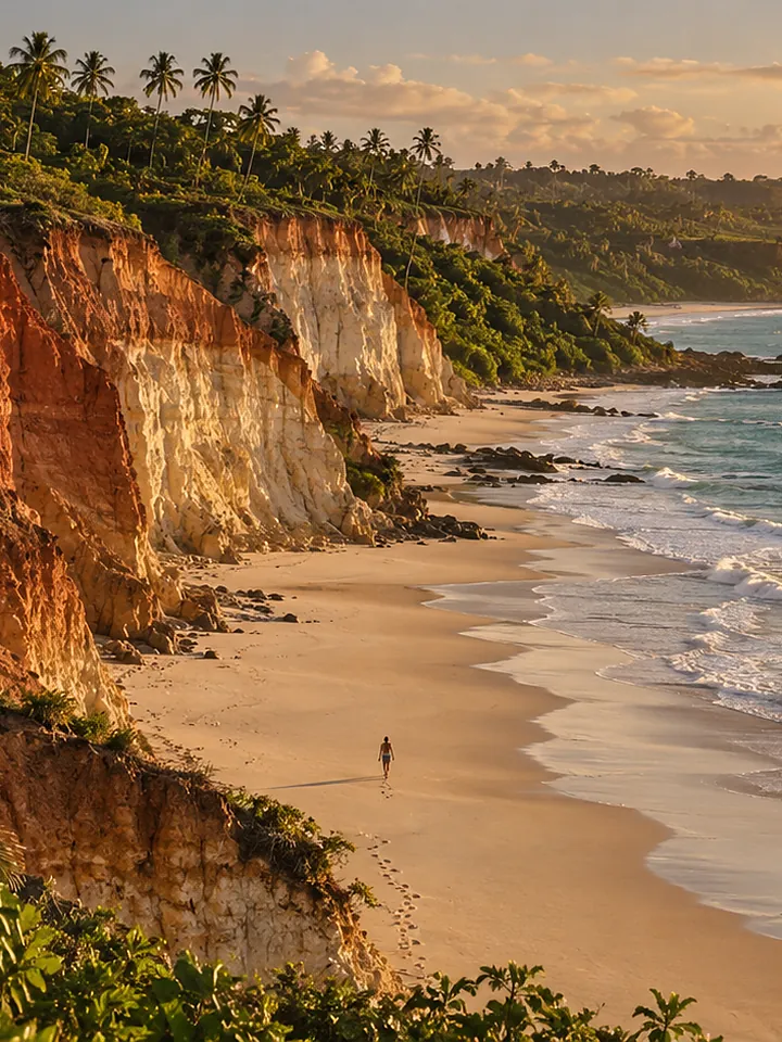 Falésias de tons ocre e terracota encontram a praia e o mar verde ao entardecer no litoral de Arraial d’Ajuda
