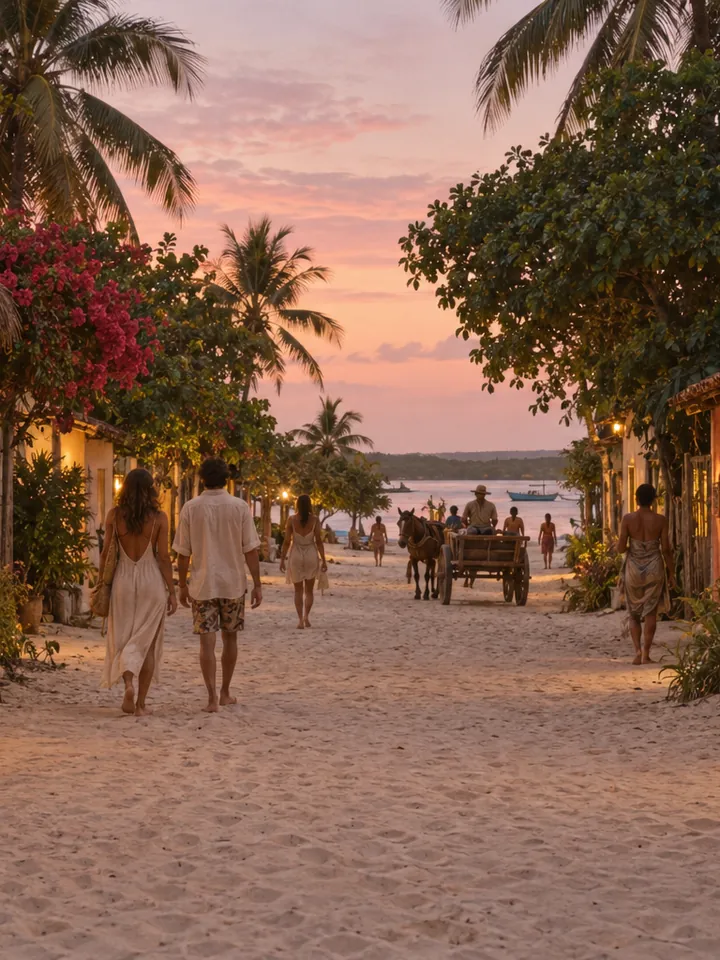 Rua de areia em Caraíva ao entardecer, com casas rústicas coloridas, coqueiros e pessoas caminhando descalças, sem carros