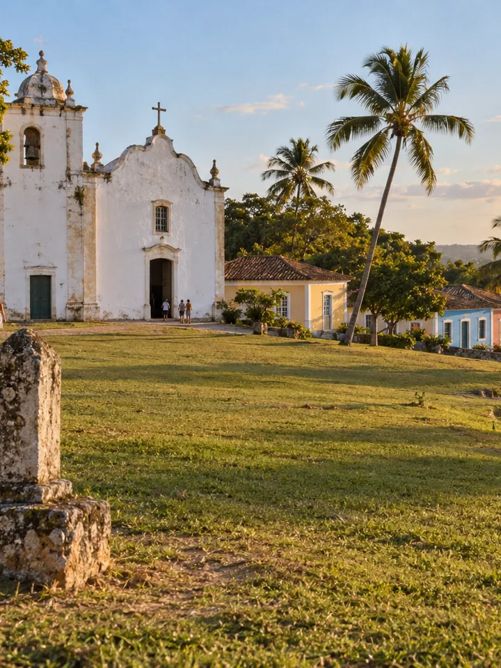 Cidade Histórica de Porto Seguro no alto da colina, com igreja colonial branca, casario colorido e a orla ao fundo no fim de tarde