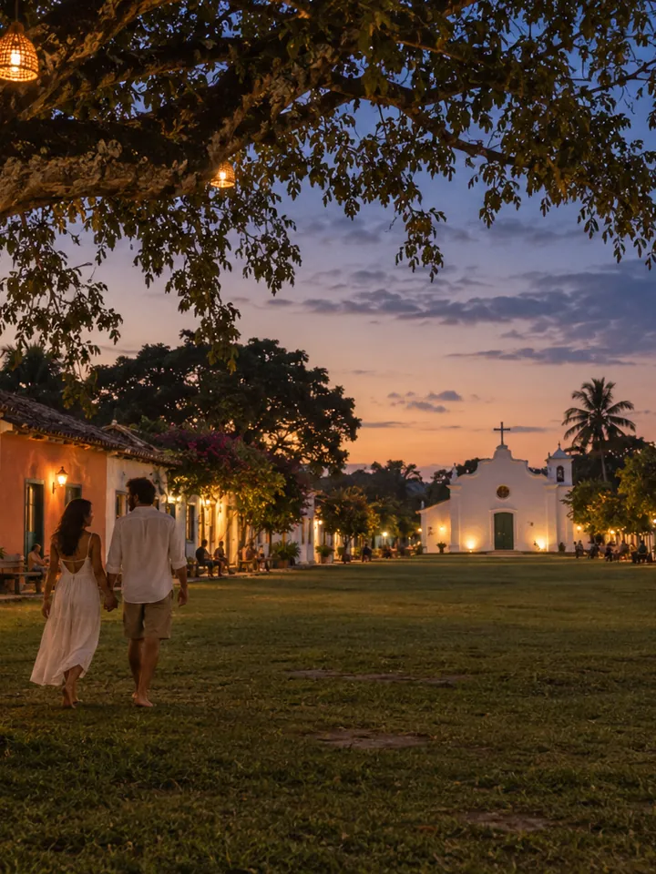 O Quadrado de Trancoso ao anoitecer, com casinhas coloridas iluminadas, gramado e a igreja branca ao fundo