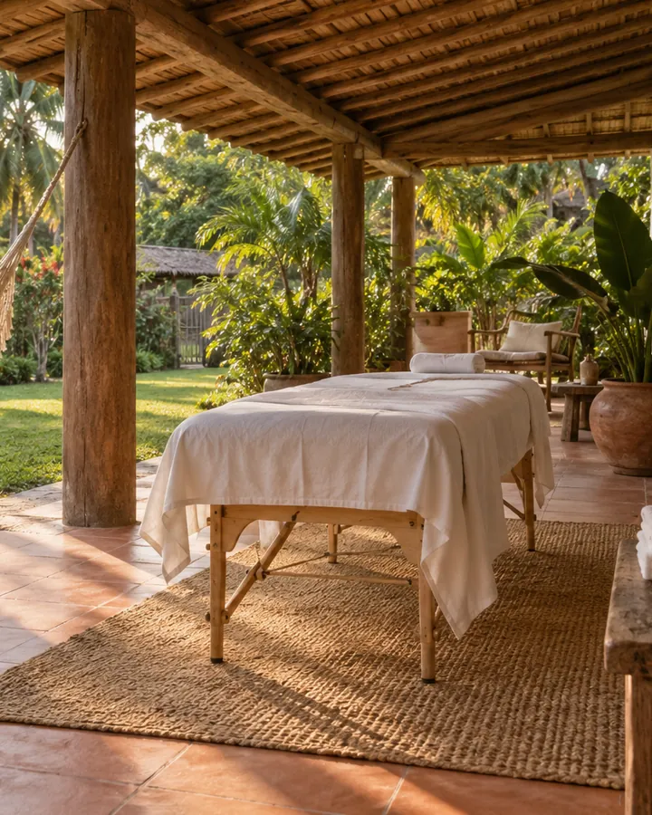 Maca de massagem montada na varanda de uma casa de temporada