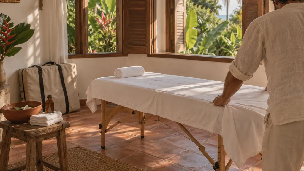 Maca de massagem preparada em um quarto de pousada
