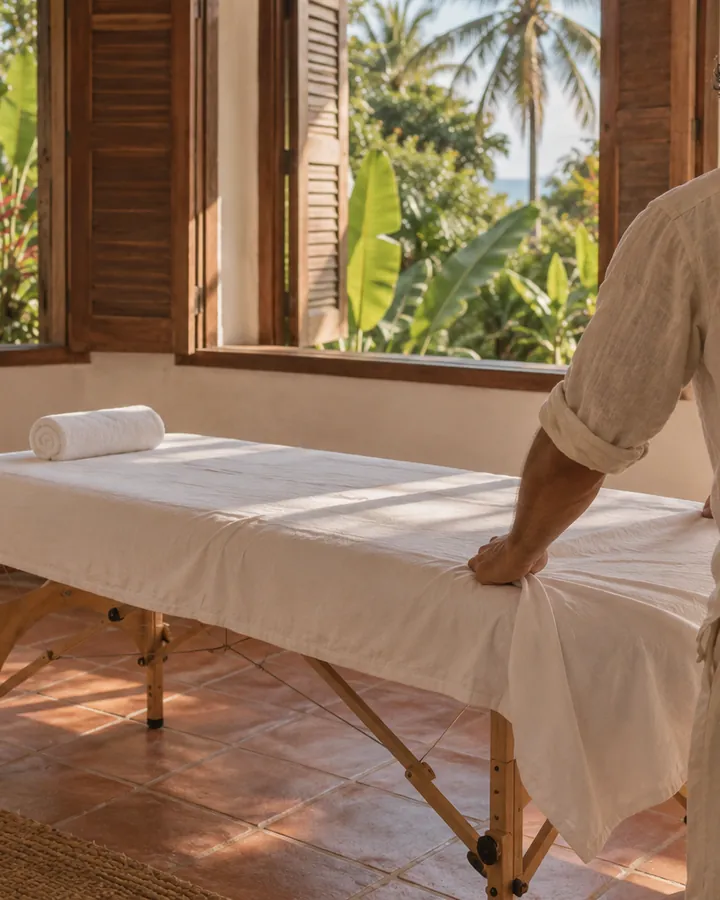 Maca de massagem preparada com lençol claro num quarto de pousada