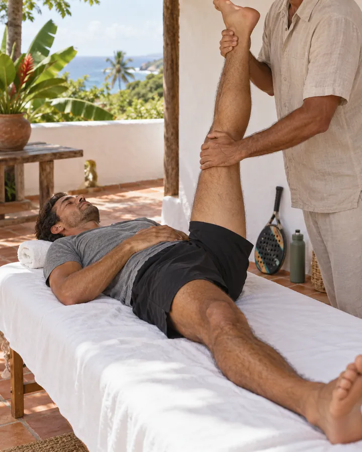 Terapeuta faz alongamento assistido da perna de um homem deitado na maca, com raquete de beach tennis encostada na parede da varanda