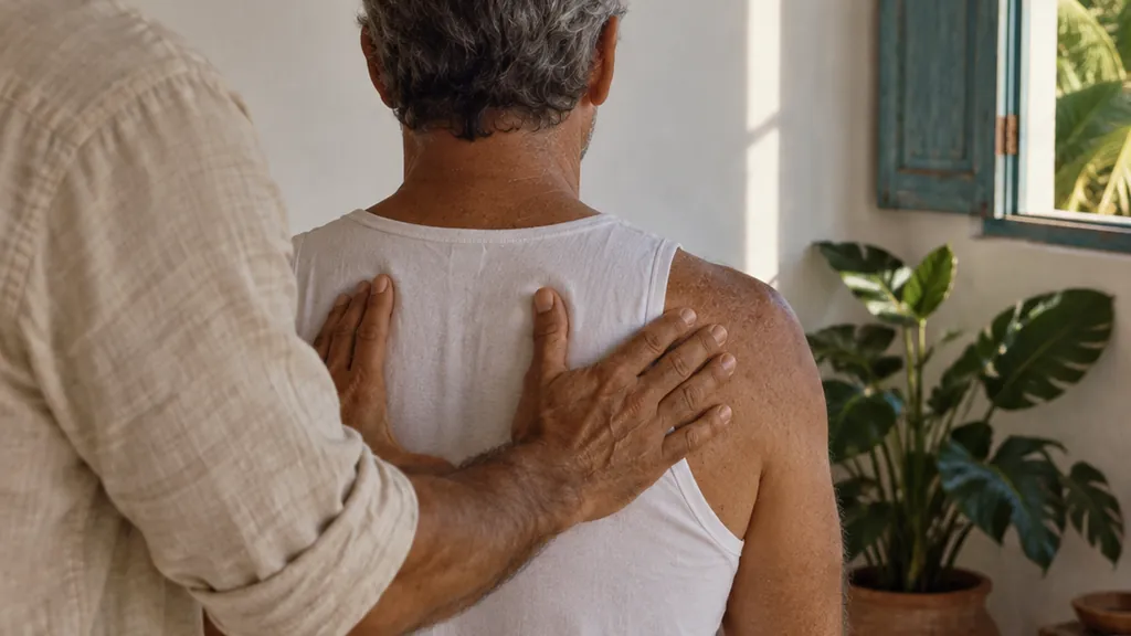 Terapeuta apoia as duas mãos nas costas de um cliente sentado na maca para observar a postura, em sala clara com janela de madeira