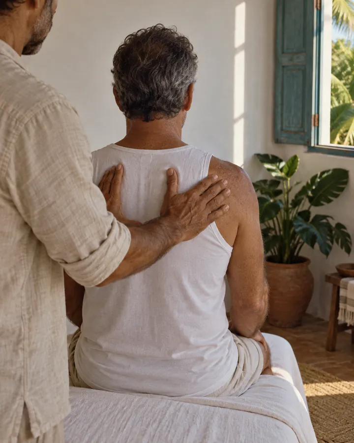 Terapeuta apoia as duas mãos nas costas de um cliente sentado na maca para avaliar a postura, em sala clara com janela de madeira