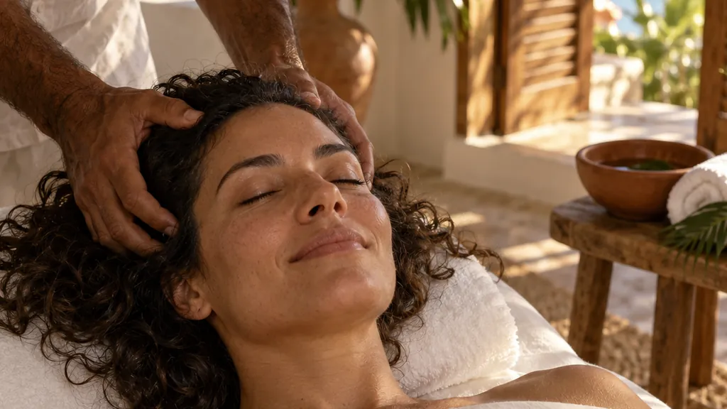 Cena ilustrativa de massagem no couro cabeludo, com cliente de olhos fechados e um sorriso discreto.